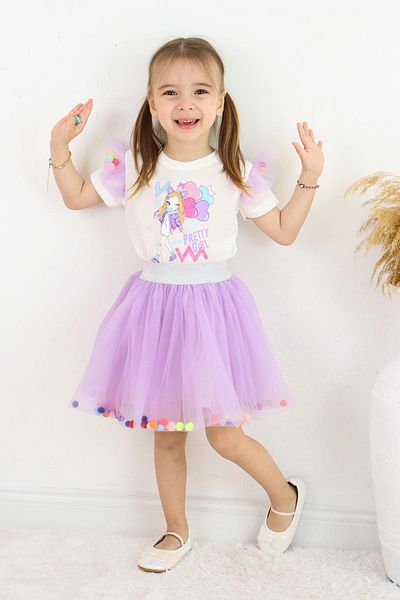 Çocuksan Baby&Kids Wear Girl's Tulle Skirt Set - Princess Outfit Set, Stylish T-Shirt & Pompom Tutu Skirt