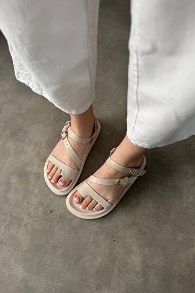 SHOEBELLAS Hessa Beige Women's Sandals with Flip Flop Detail