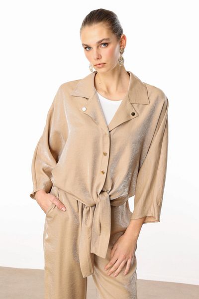 Moda İlgi Modailgi Mono Collar Bat Sleeve Front Tie Detailed Short Shirt Camel