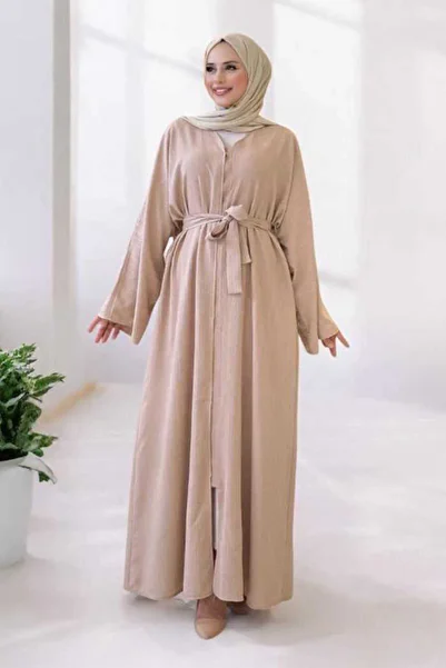 Bym Fashion Snap Buttoned Waist Belted Abaya Stone