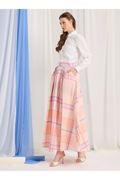Store Wf 100% Poplin Koton Ekoseli Pembe Pileli Etek