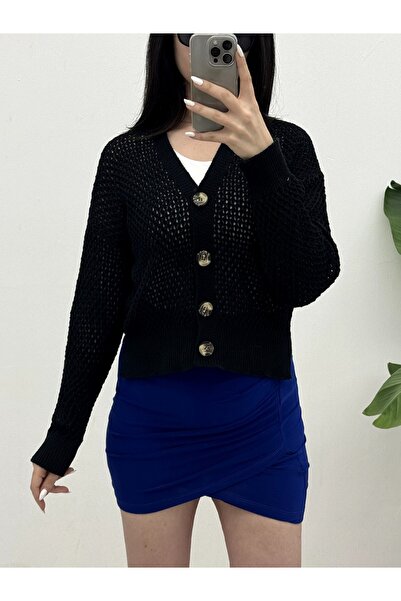 HİJABAYA Openwork Bone Buttoned Slit Cardigan