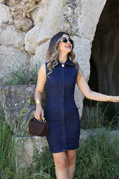 bytugcekaya Navy Blue Lycra Button Detail Denim Dress