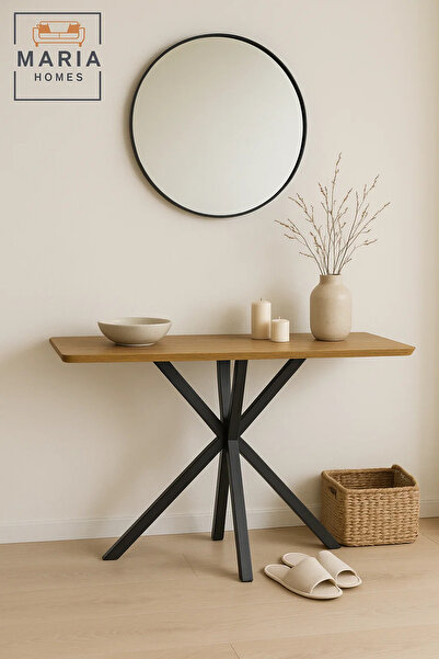 MARIA HOMES Modern Console Table 120x40x77cm with Black Metal Cross Legs and Wooden Top – Sleek Hallway Accent