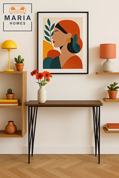 MARIA HOMES Modern Console Table 120x40x80cm – Slim Wood Top with Geometric Black Metal Frame