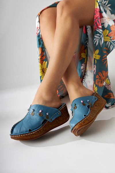 Limoya Γυναικείες γυναικείες παντόφλες Navy Blue Annika Antique με λεπτομέρεια από γνήσιο δέρμα Sabo