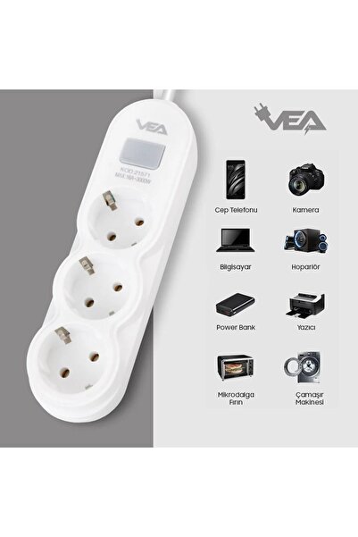 abnturk 3'LÜ 1.5 METRE KABLOLU ANAHTARLI BEYAZ AKIM KORUMALI PRİZ BAKIR KABLO...