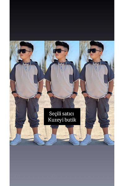 Kuzeyi Butik Boy Cargo Pocket Hooded Bottom Top Tracksuit Set Sport