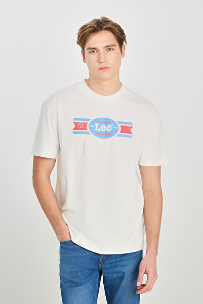 Lee 100% бавовна, вільний крій, широкий виріз, комір-стійка, принт, екрю, футболка