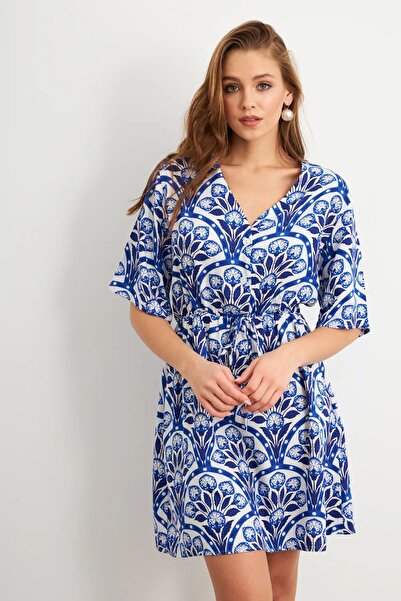 sharin Rochie de vară pentru femei, cu decolteu în V, cu șnur, albastru, alb, țesut 2E-2328