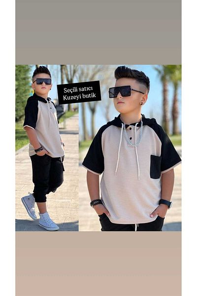 Kuzeyi Butik Boy Cargo Pocket Hooded Bottom Top Tracksuit Set Sport