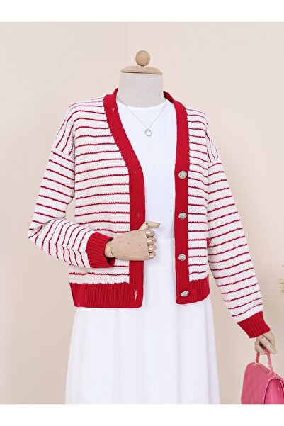 HİJABAYA Buttoned Pocket Detailed Thin Striped Knit Cardigan