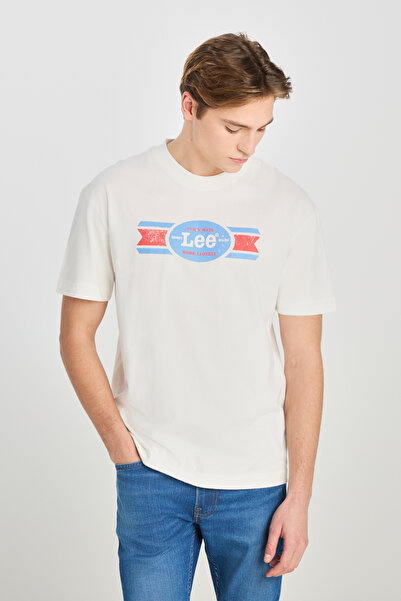 Lee 100% бавовна, вільний крій, широкий виріз, комір-стійка, принт, екрю, футболка