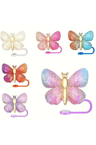 arredamento Termos Uyumlu Reçine Parıltılı Gradyan Kelebek Pipet Kapağı Plastik 1 Adet