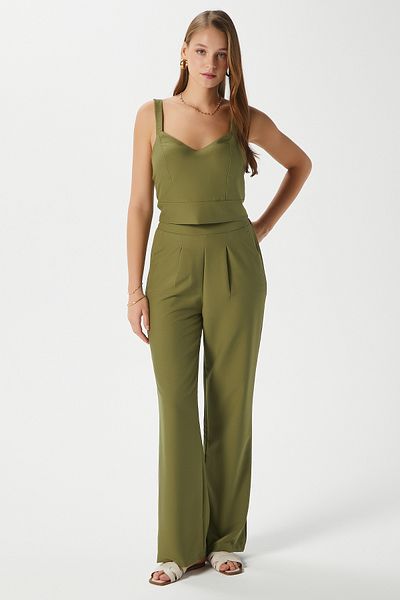 Ritnice Women's Cupra Cool Texture Waist Elastic Khaki Palazzo Pants