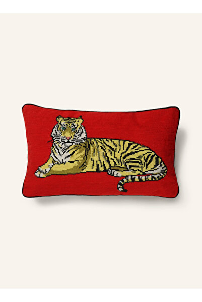 Jonathan Adler SAFARI Dekoratif Yastık 30x50 cm, El İşlemeli Kaplan Desenli, Daun Dolu