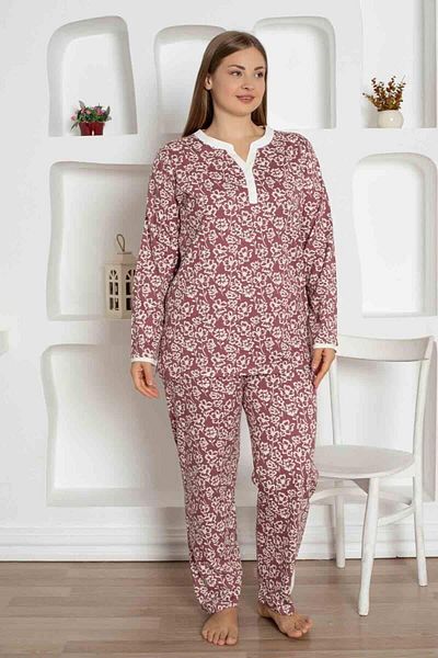 ALİMER Dusty Rose Flower Patterned Large Size Pajama Set 2795Uyb