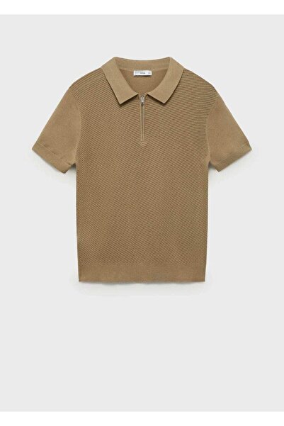 MANGO Man Fermuarlı ajur örgü polo gömlek