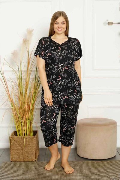 ALİMER Set de pijamale bermude de damă, negru, cu mâneci scurte, cu decolteu în V, EDY2707B-S