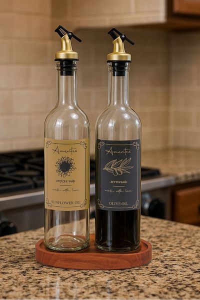 Amentes Amber 2-Piece 750 ml Olive Oil Liquid Oil Bottle Oil Pot Oil Bottle Glass Bottle Gold with Wooden Stand