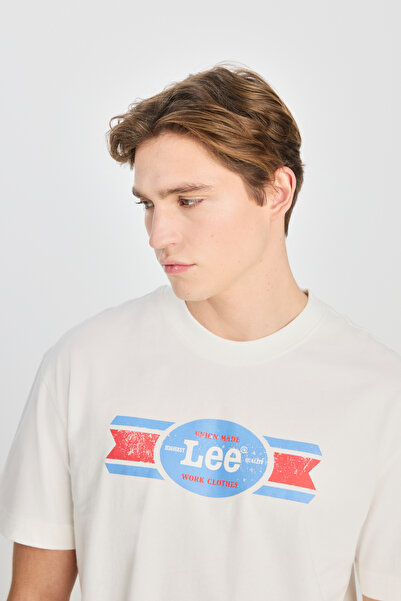 Lee 100% бавовна, вільний крій, широкий виріз, комір-стійка, принт, екрю, футболка