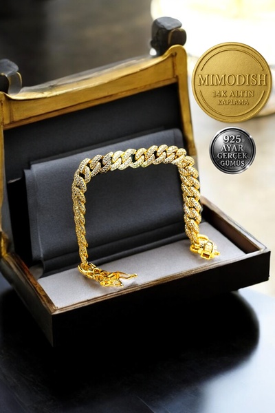 Mimodish 14 Ayar Altın Kaplama 925 Ayar Gerçek Gümüş Özel Taşlı Cuban Zincir Küba Modeli Kadın Gümüş Bileklik