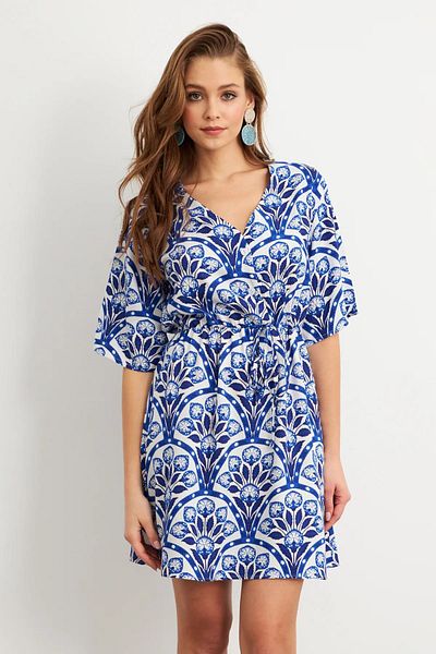 sharin Rochie de vară pentru femei, cu decolteu în V, cu șnur, albastru, alb, țesut 2E-2328