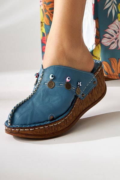 Limoya Γυναικείες γυναικείες παντόφλες Navy Blue Annika Antique με λεπτομέρεια από γνήσιο δέρμα Sabo