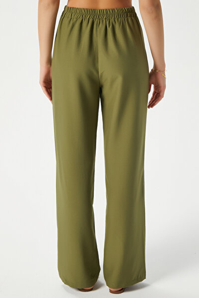 Ritnice Women's Cupra Cool Texture Waist Elastic Khaki Palazzo Pants