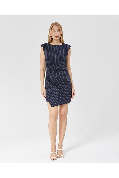 Appleline Navy Blue Midi Length Asymmetrical Striped Women's Dress - Zero Sleeve