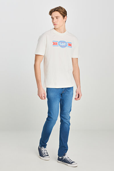 Lee 100% бавовна, вільний крій, широкий виріз, комір-стійка, принт, екрю, футболка