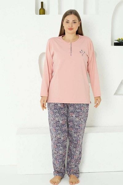 ALİMER Floral Print Large Size Women's Pajamas Set - Powder Embroidered Combed 2767Uyb