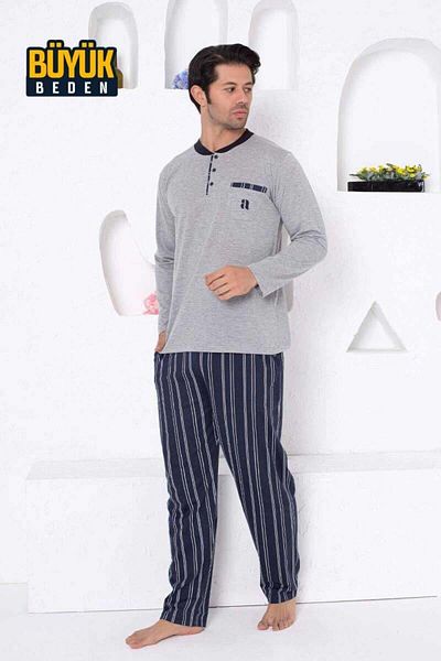 ALİMER Gray Large Size Striped Men's Pajamas Set 1191UYB