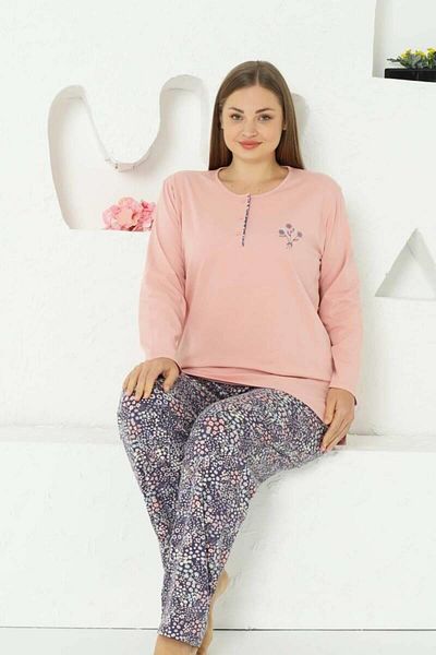 ALİMER Floral Print Large Size Women's Pajamas Set - Powder Embroidered Combed 2767Uyb