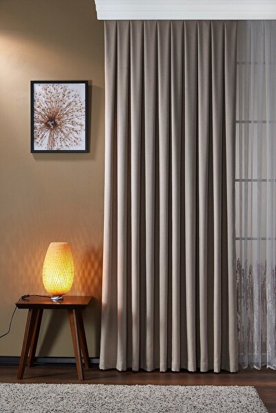 Elen's Bej Modern Yumuşak Dökümlü Jakar Fon Perde Ekstraforlu Büzdürmeli Glayör