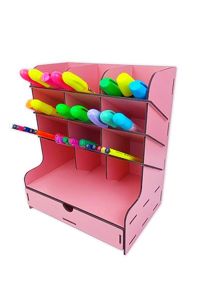 kutuTR Cross 9 Compartment Desktop Pen Holder Organizer with Drawer Pink Color Assembled Product