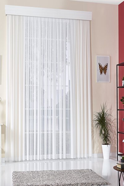 Elen's Ekru Ipek Dokulu Süper Soft Dökümlü 1/2,5 Pileli Natural Tül Perde Per...