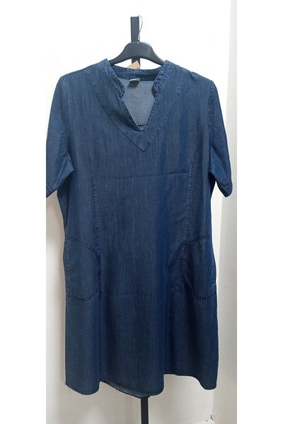 AKŞEN GİYİM Plus Size Thin Jeans Denim Fabric V-neck Short Sleeve Two Pockets Dress