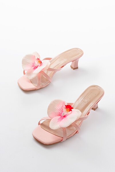 infon shoes creation S-622 Pembe Orkide Detaylı İnce Topuklu Kadın Terlik