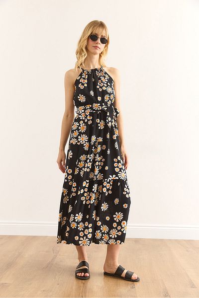 Olalook Γυναικείο Μαύρο Φόρεμα Daisy Halter με ζωσμένο γιακά με ζωσμένο βισκόζη ELB-19001548