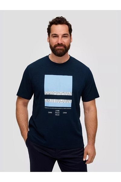 s.Oliver Men's Big Size T-shirt With Neckline And Dark Navy Logo Print