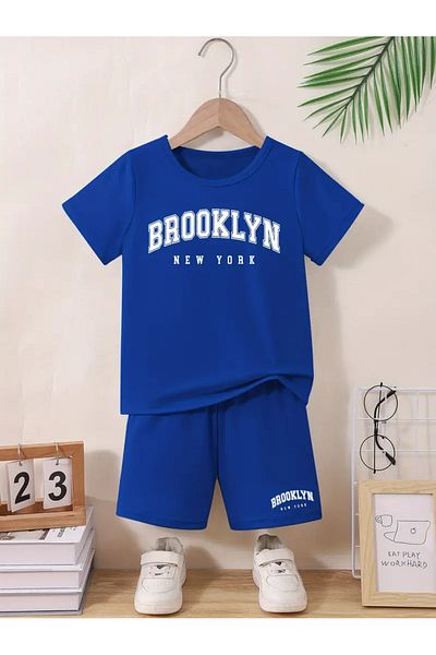 Afternoon Kids Boy's Saks Blue Color''White Brooklyn Bottom Top Suit'' Printed Sweet Comfortable Tshirt-Shorts Suit