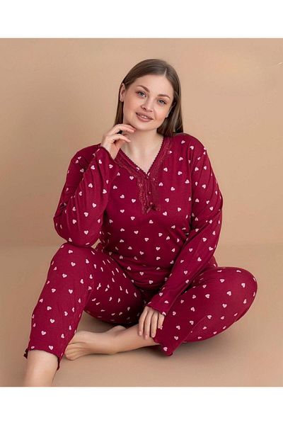 PİJAMERRY Women's Plus Size Pajamas Set Lace Collar Bamboo Long Sleeve 5547