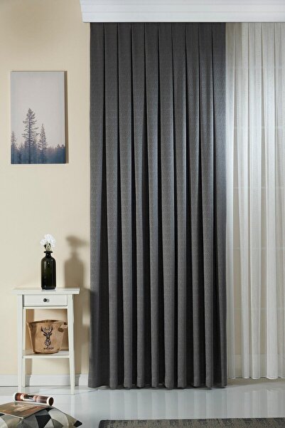 Elen's Koyu Gri Modern Yumuşak Dökümlü Jakar Fon Perde Ekstraforlu Büzdürmeli...