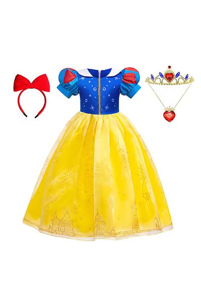 EvrikaUnity Snow White Dress for Girls, Set with Headband, Crown and Necklace, 3-4 years, 110 cm, Yellow