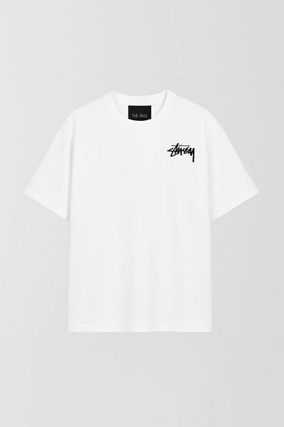 THE RULE Unisex Stüssy Dice Printed Oversize 100% βαμβακερό φαρδύ κομμένο λευκό μπλουζάκι με λαιμόκοψη RF0511