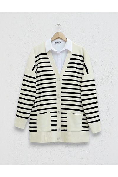HİJABAYA Double Pocket Striped Knitwear Cardigan