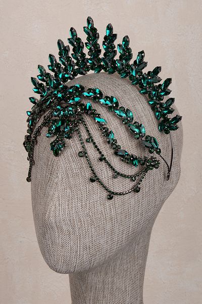 Hayalperest boncuk Elenora Dangle Bridal Crown Engagement Wedding Henna Hair Accessory Green