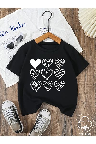 Afternoon Kids Girl's Black''Nine Hearts'' Printed Comfortable T-Shirt