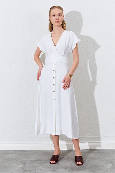 EDITION WOMAN Double Breasted Collar Skirt Buttoned Modal Dress - Ecru |   28-1871